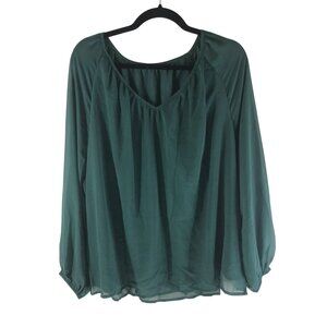 Bloomchic Blouse Top Solid V Neck Sheer Mesh Lantern Sleeve Green 14-16